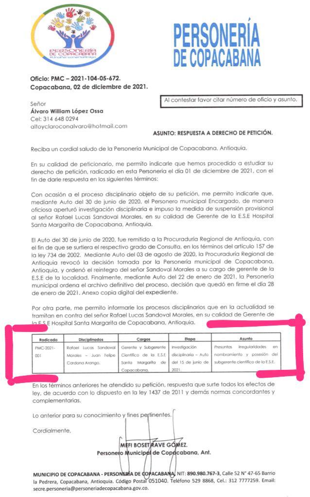 rafael lucas sandoval actual gerente del hospital santa margarita de copacabana tiene procesos disciplinarios image