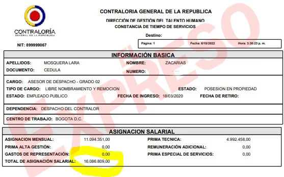 zacarias mosquera con salario de 16 millones en contraloria a pesar de que esta lo embargo por 538 866 310 image 1