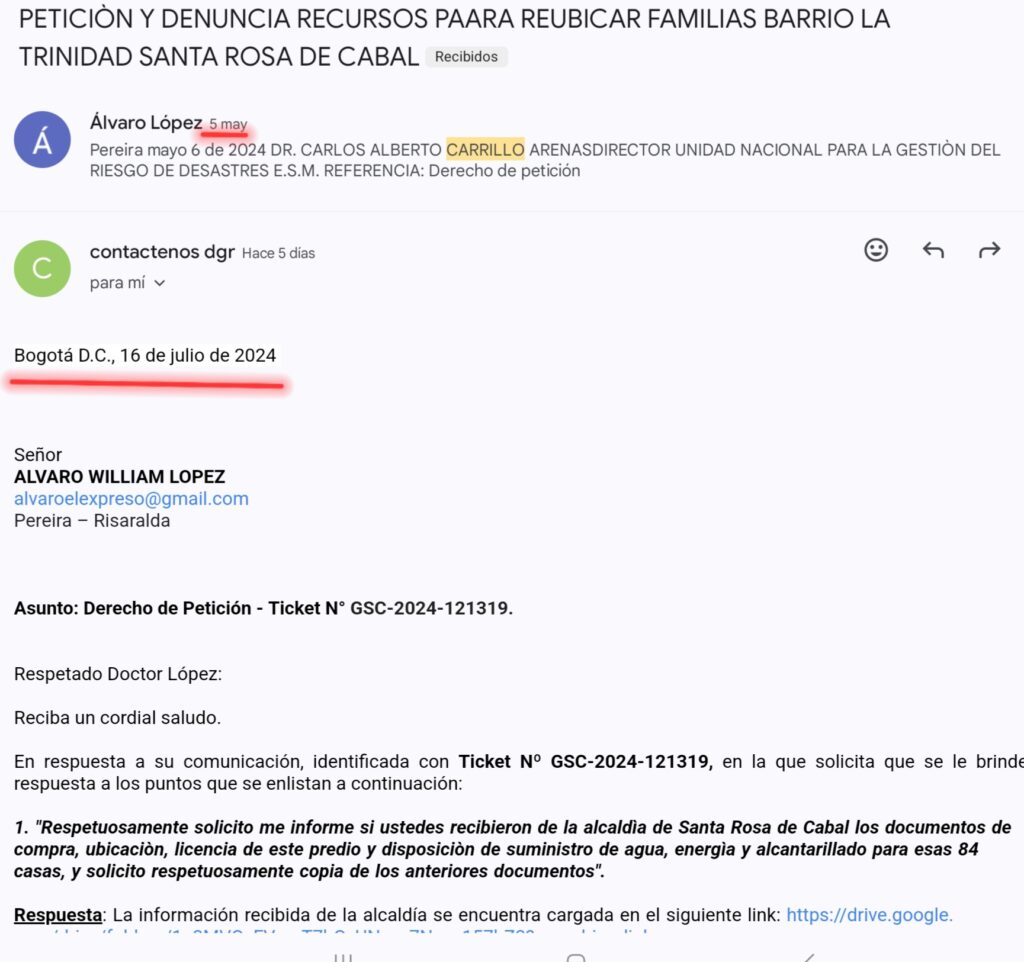 ungrd de mal en peor carrillo tardo 70 dias para contestar una peticion y no aclara irregularidades para afectados en santa rosa de cabal screenshot 20240721 122707 gmail