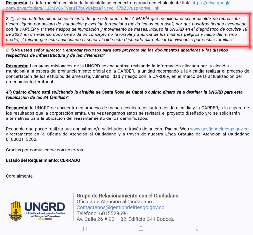 ungrd de mal en peor carrillo tardo 70 dias para contestar una peticion y no aclara irregularidades para afectados en santa rosa de cabal screenshot 20240721 122831 gmail