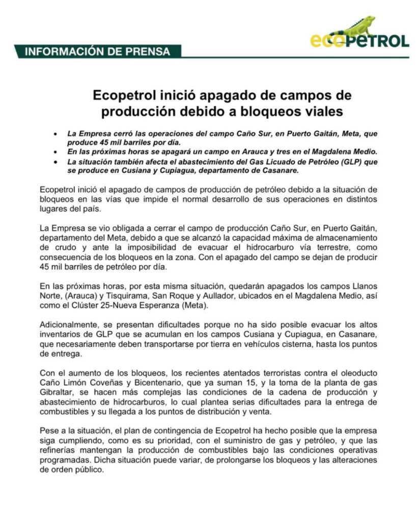 ecopetrol enfrenta cierres de campos petroleros por bloqueos viales y ataques terroristas ecopetrol enfrenta cierres de campos petroleros por bloqueos viales y ataques terroristas ee feed 2024 09 05t1