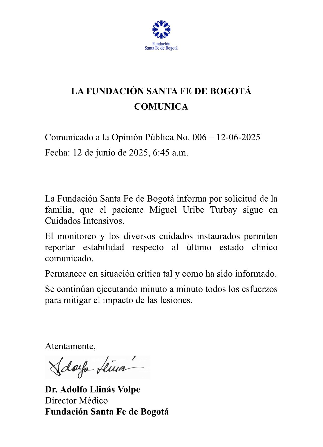 Estado de salud de Miguel Uribe Turbay continúa siendo crítico: Fundación Santa Fe emite nuevo comunicado 2 estado de salud de miguel uribe turbay continua siendo critico fundacion santa fe emite nuevo comunicado 1000761665