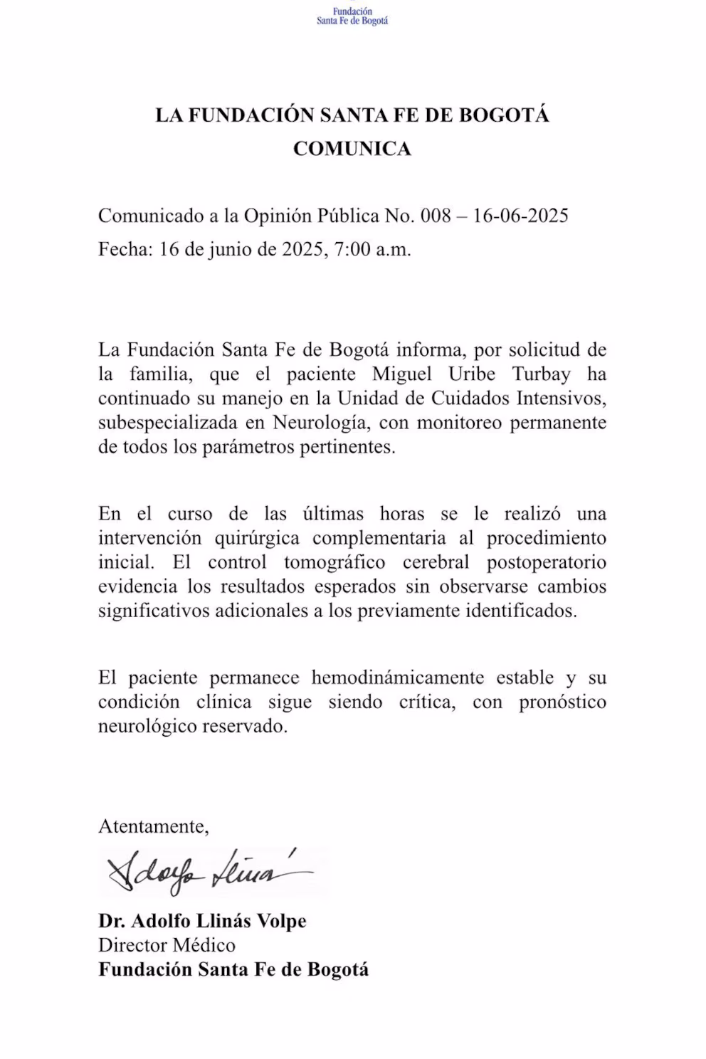 Este fue el octavo parte médico de Miguel Uribe antes de ingresar de urgencias a intervención neuroquirúrgica 3 la fundacion santa fe revelo el octavo parte medico del senador miguel uribe confirma nueva cirugia pbptntkw6fbwtknkz2phgsfrky