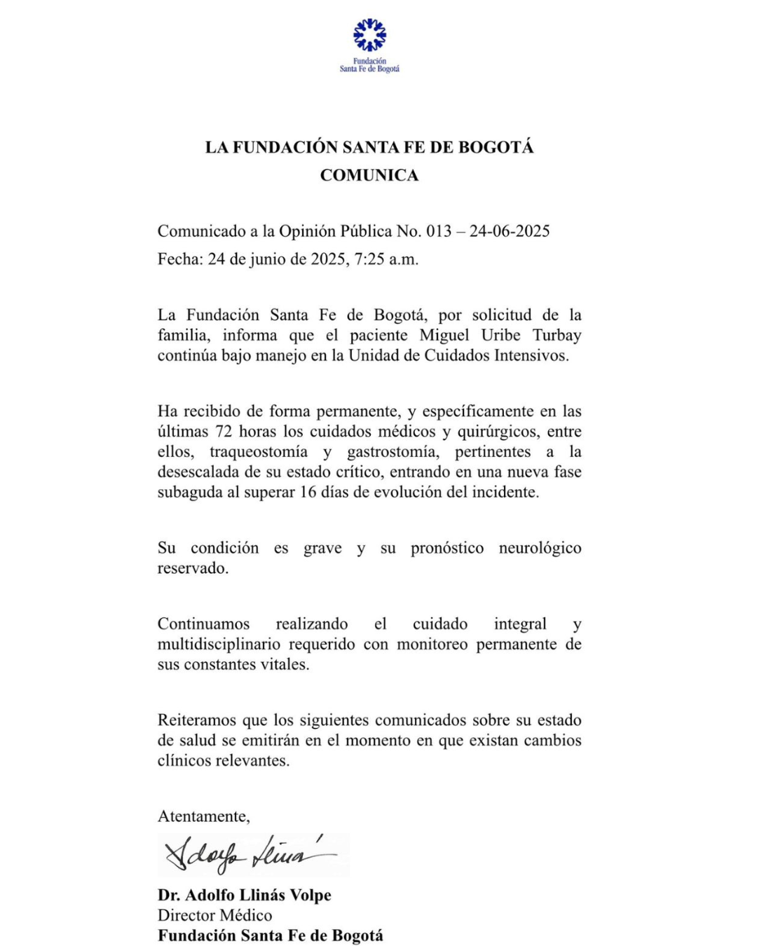 Recibió traqueostomía y gastrostomía: Miguel Uribe continúa en UCI en estado grave y pronóstico neurológico reservado 2 miguel uribe continua en uci estado grave y pronostico neurologico reservado ee feed 2025 06 24t074905.998