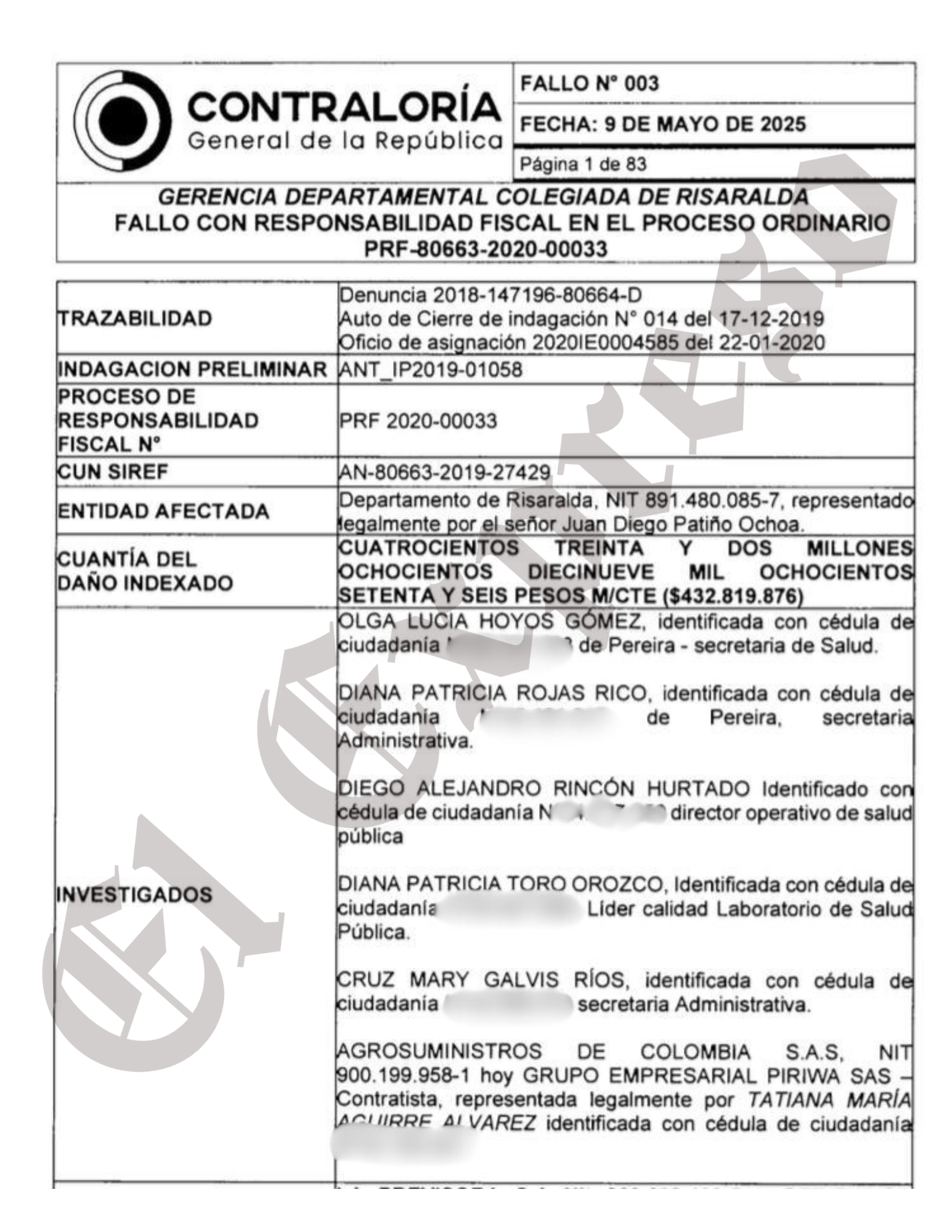 Último minuto: sancionada con $432 millones Olga Lucía Hoyos, gerente del Hospital de La Virginia y otros 6 ultimo minuto sancionada con 432 millones olga lucia hoyos gerente del hospital de la virginia y otros marca de agua
