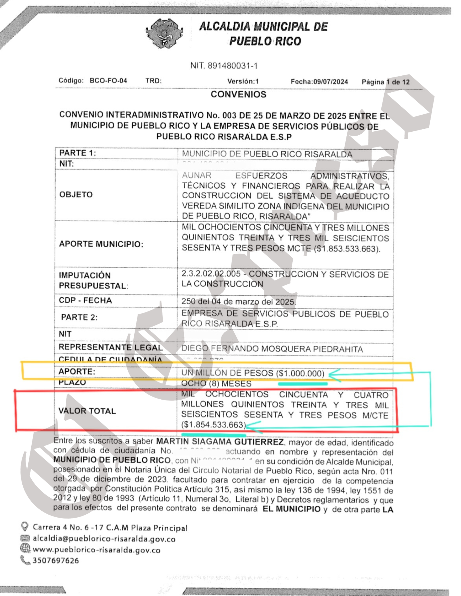 Así burlan las licitaciones, alcalde de Pueblo Rico contrata $1.854 millones a dedo con la Empresa de Servicios Públicos y este subcontrata a dedo con Rigall S.A.S. 2 asi burlan las licitaciones alcalde de pueblo rico contrata 1 854 millones a dedo con la empresa de servicios publicos y este subcontrata a dedo con rigall s a s marca de agua 1
