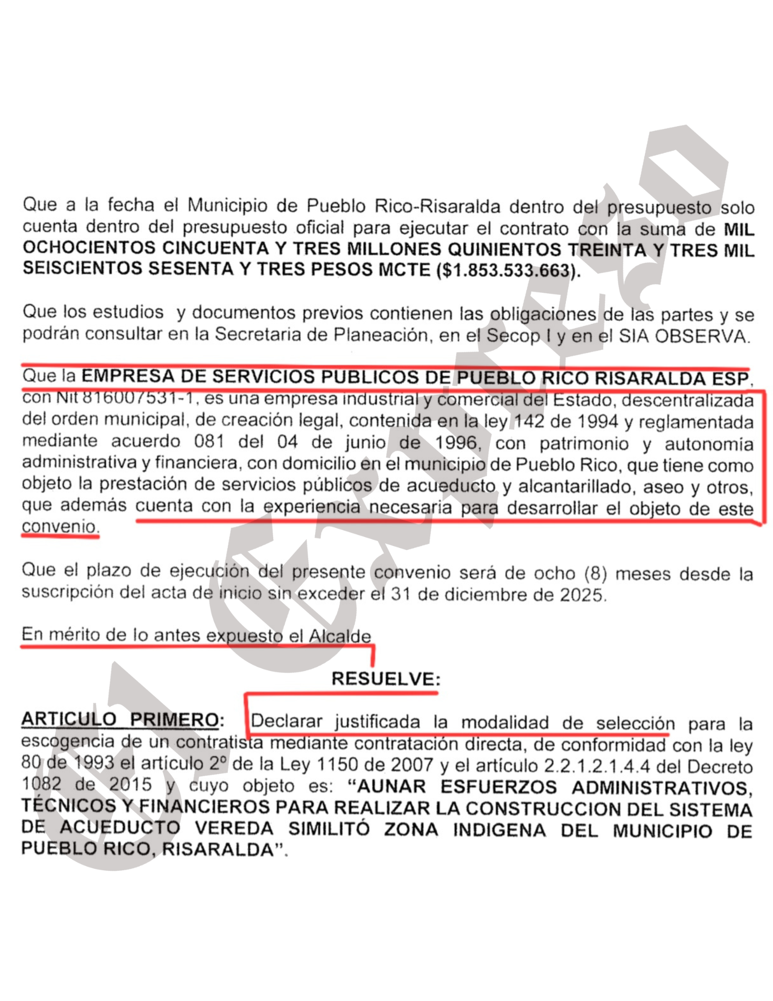 Así burlan las licitaciones, alcalde de Pueblo Rico contrata $1.854 millones a dedo con la Empresa de Servicios Públicos y este subcontrata a dedo con Rigall S.A.S. 4 asi burlan las licitaciones alcalde de pueblo rico contrata 1 854 millones a dedo con la empresa de servicios publicos y este subcontrata a dedo con rigall s a s marca de agua 3