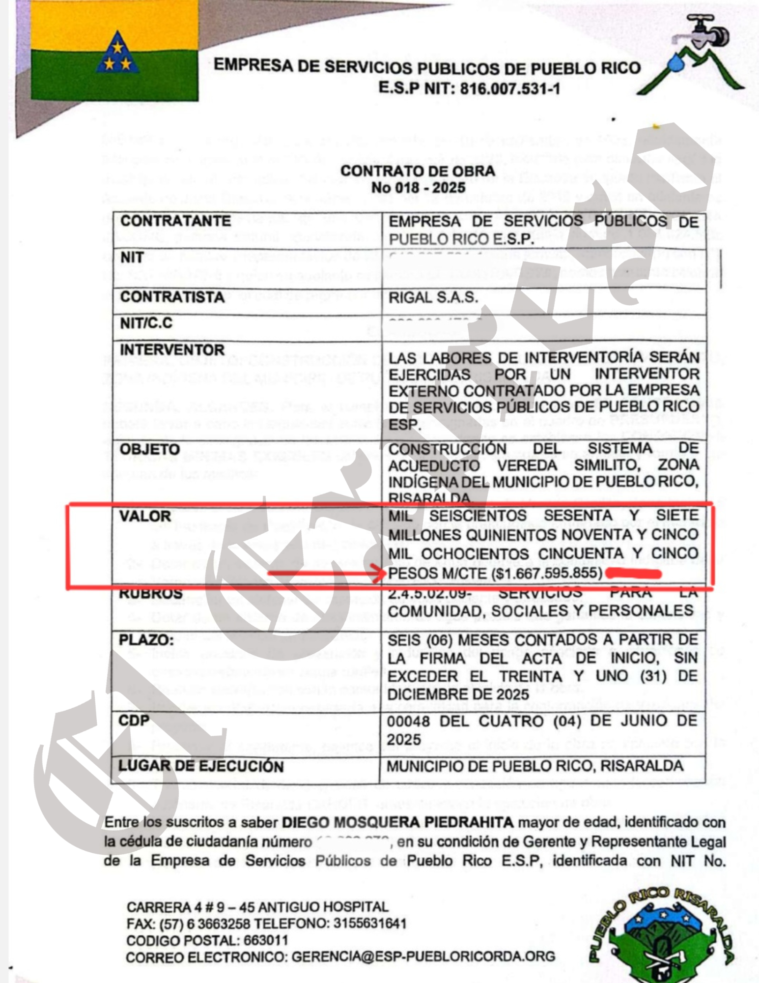 Así burlan las licitaciones, alcalde de Pueblo Rico contrata $1.854 millones a dedo con la Empresa de Servicios Públicos y este subcontrata a dedo con Rigall S.A.S. 5 asi burlan las licitaciones alcalde de pueblo rico contrata 1 854 millones a dedo con la empresa de servicios publicos y este subcontrata a dedo con rigall s a s marca de agua 4