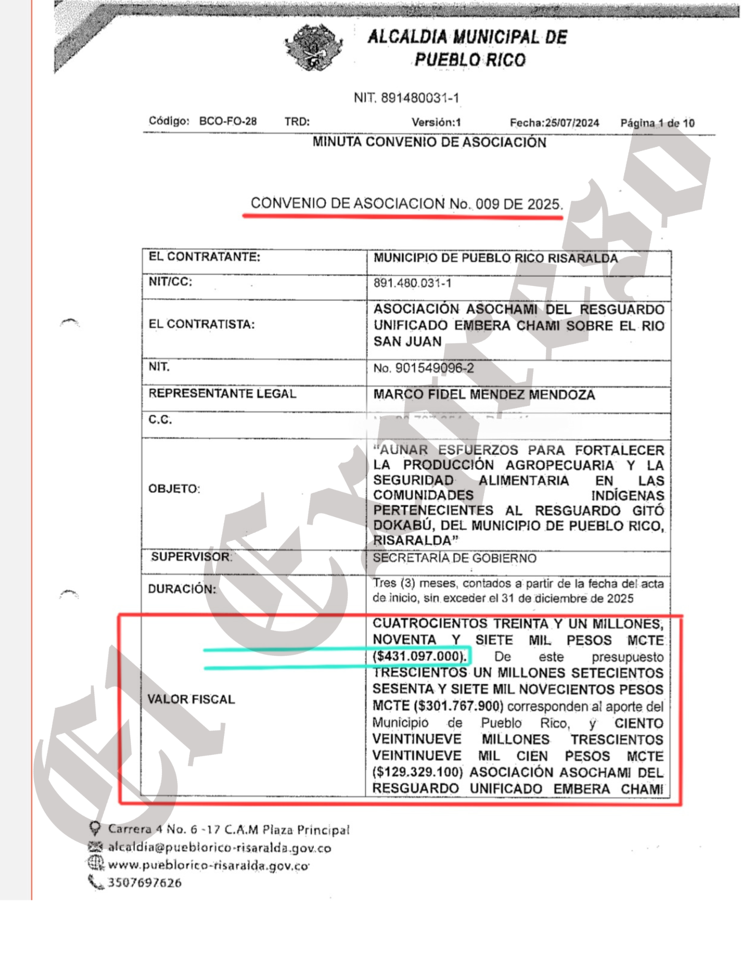 $1.382 millones más recibe Asochamí en contratos de Martín Siagama alcalde de Pueblo Rico 6 1 382 millones mas recibe asochami en contratos de martin siagama alcalde de pueblo rico marca de agua 25