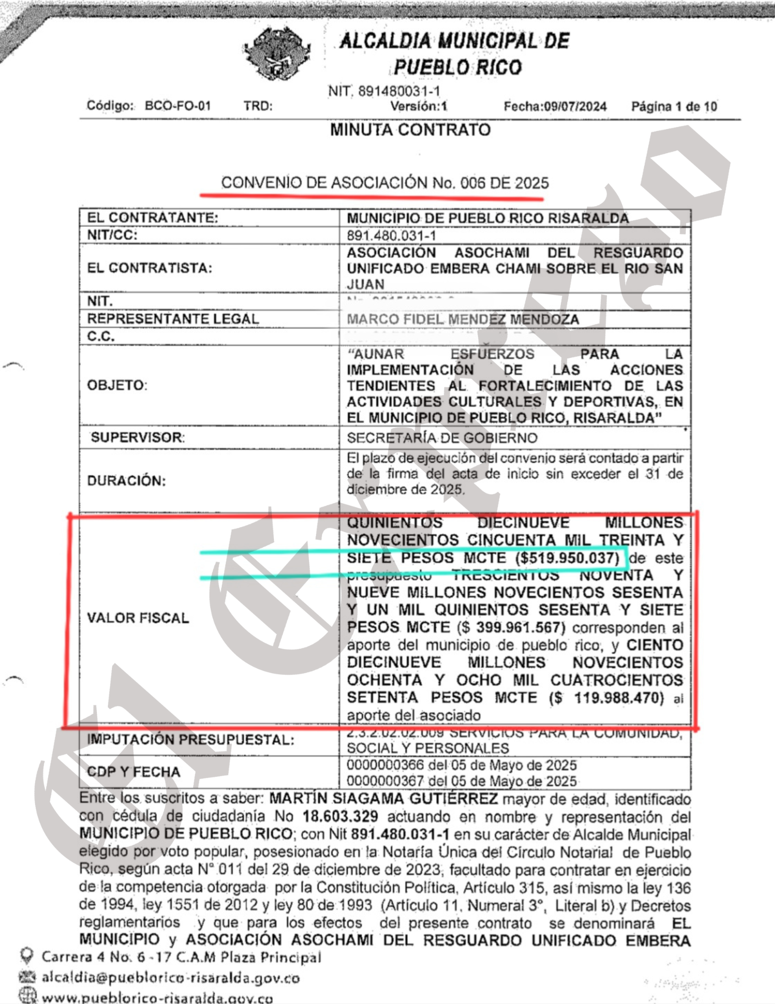 $1.382 millones más recibe Asochamí en contratos de Martín Siagama alcalde de Pueblo Rico 7 1 382 millones mas recibe asochami en contratos de martin siagama alcalde de pueblo rico marca de agua 26