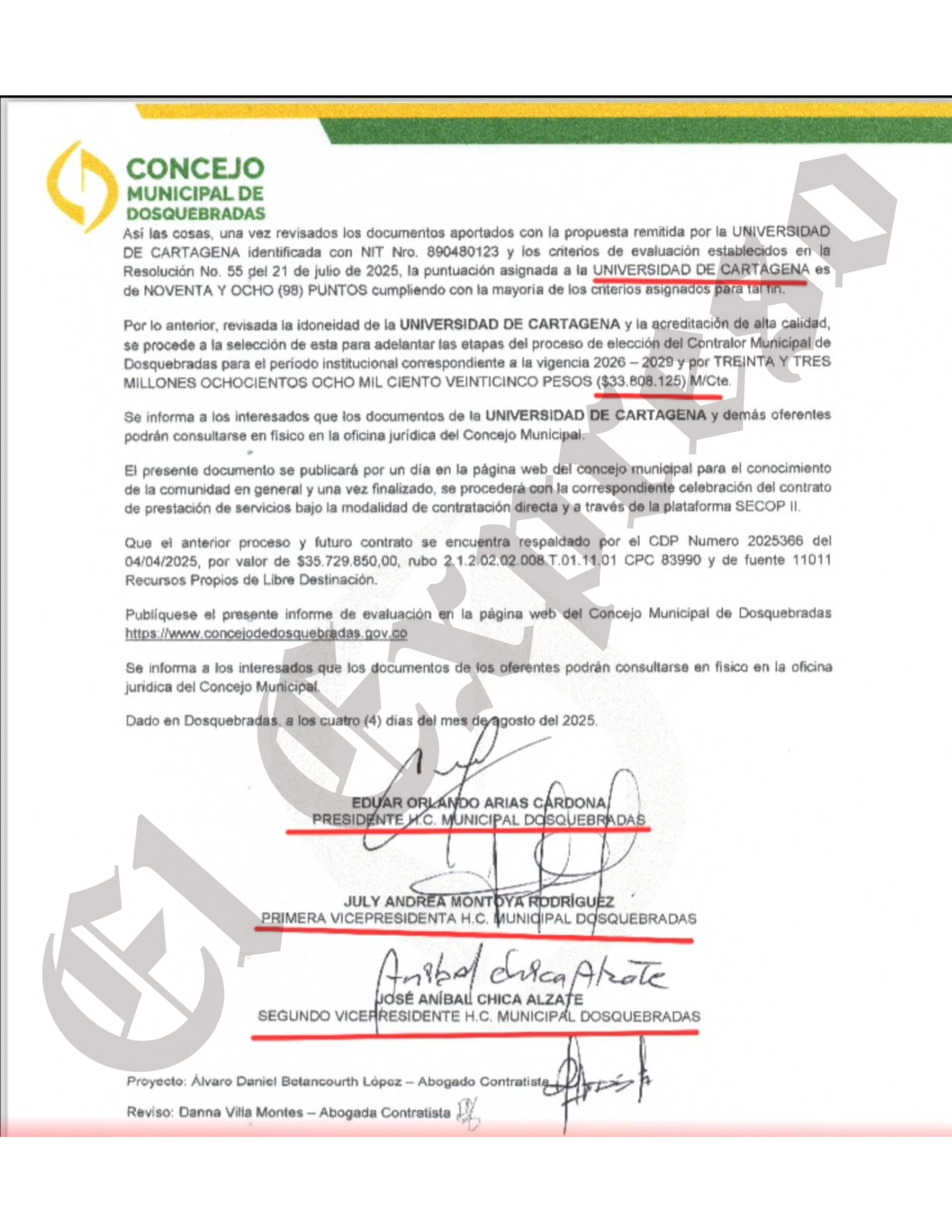 Concejo de Dosquebradas seleccionó a la Universidad de Cartagena para elección de Contralor a pesar de las denuncias de presunta corrupción 6 concejo de dosquebradas selecciono a la universidad de cartagena para eleccion de contralor a pesar de las denuncias de presunta corrupcion marca de agua 24