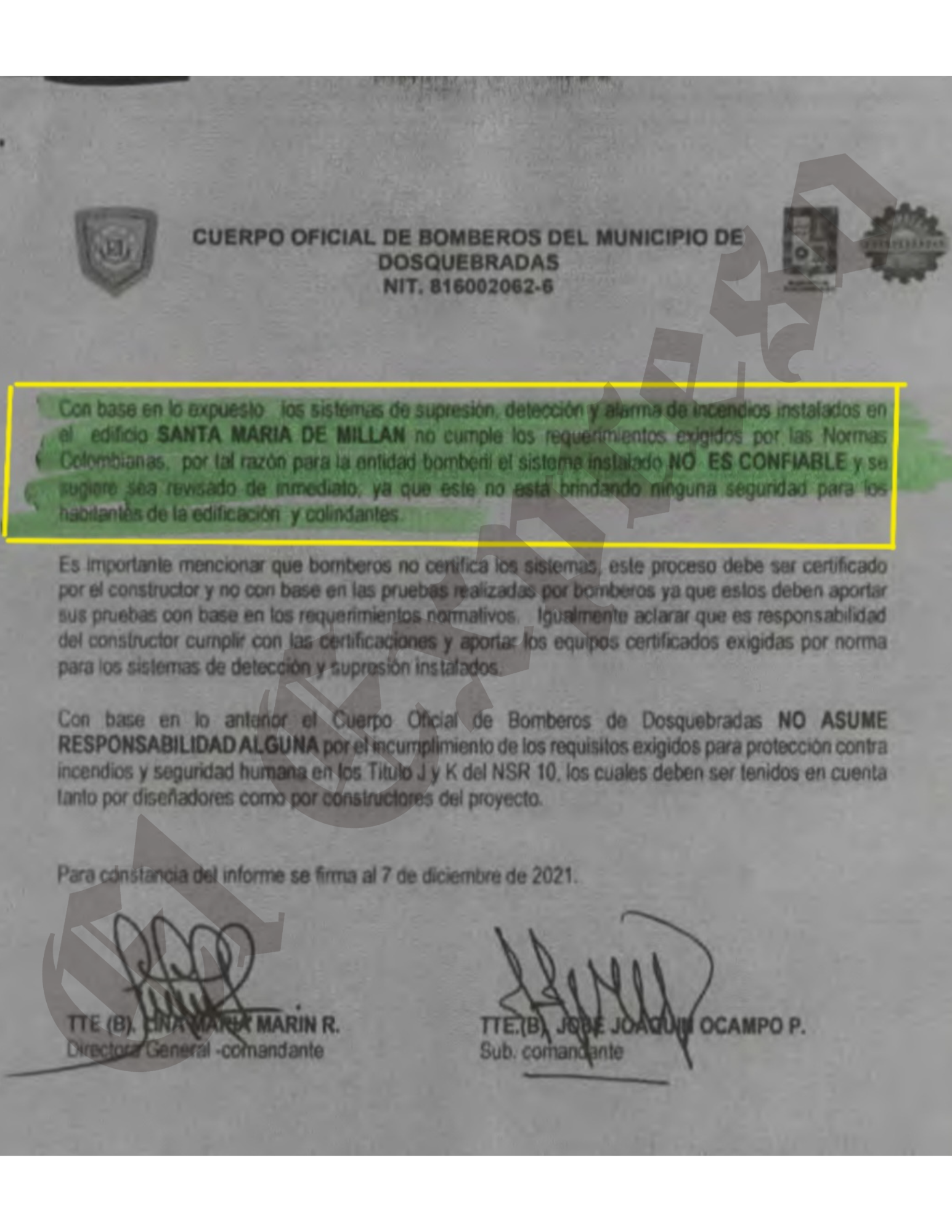 ¡Irresponsables! Bomberos certificaron que edificio Santa María de Milán en Dosquebradas no cumple los requisitos para la protección contra incendio, y la alcaldía permitió su habitabilidad 10 irresponsables bomberos certificaron que edificio santa maria de milan en dosquebradas no cumple los requisitos para la proteccion contra incendio y la alcaldia permitio su habitabilidad marca de agua 3