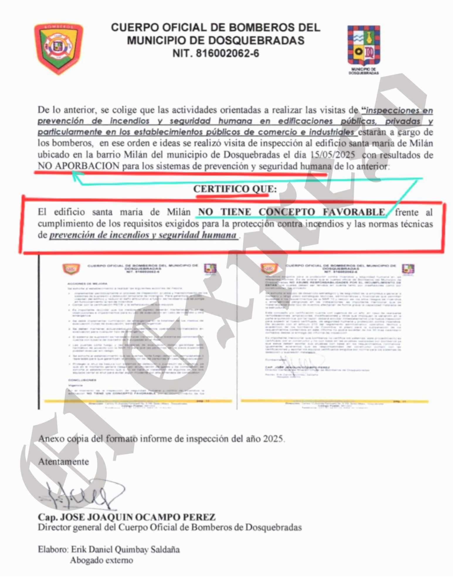 ¡Irresponsables! Bomberos certificaron que edificio Santa María de Milán en Dosquebradas no cumple los requisitos para la protección contra incendio, y la alcaldía permitió su habitabilidad 13 irresponsables bomberos certificaron que edificio santa maria de milan en dosquebradas no cumple los requisitos para la proteccion contra incendio y la alcaldia permitio su habitabilidad marca de agua 5