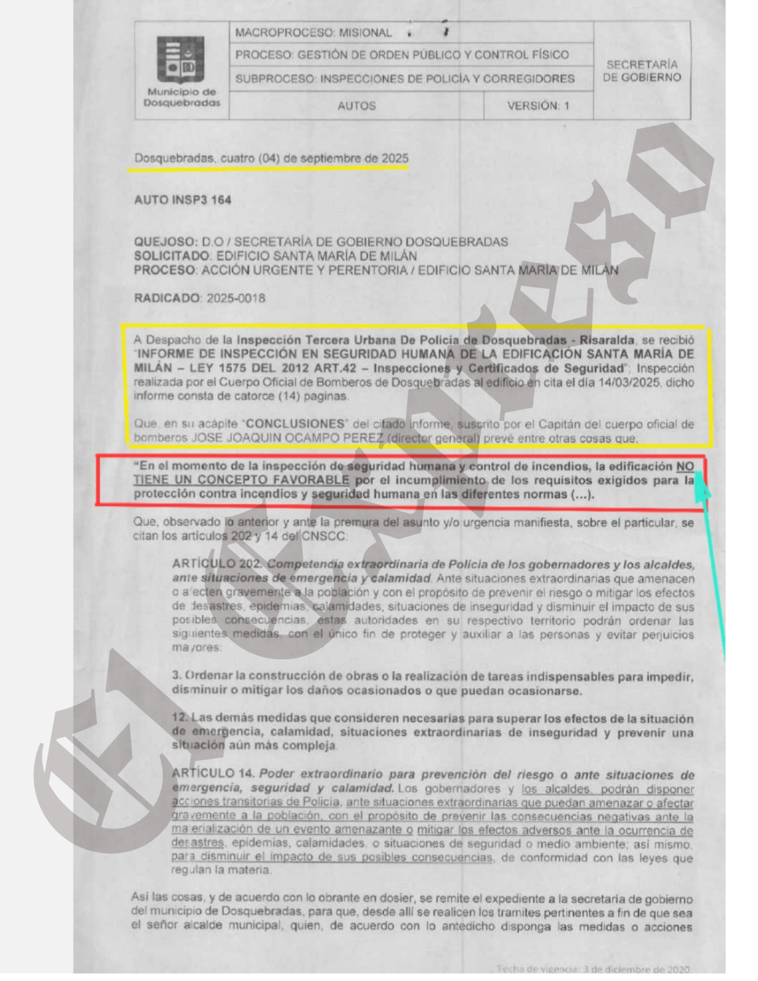 ¡Irresponsables! Bomberos certificaron que edificio Santa María de Milán en Dosquebradas no cumple los requisitos para la protección contra incendio, y la alcaldía permitió su habitabilidad 14 irresponsables bomberos certificaron que edificio santa maria de milan en dosquebradas no cumple los requisitos para la proteccion contra incendio y la alcaldia permitio su habitabilidad marca de agua 6