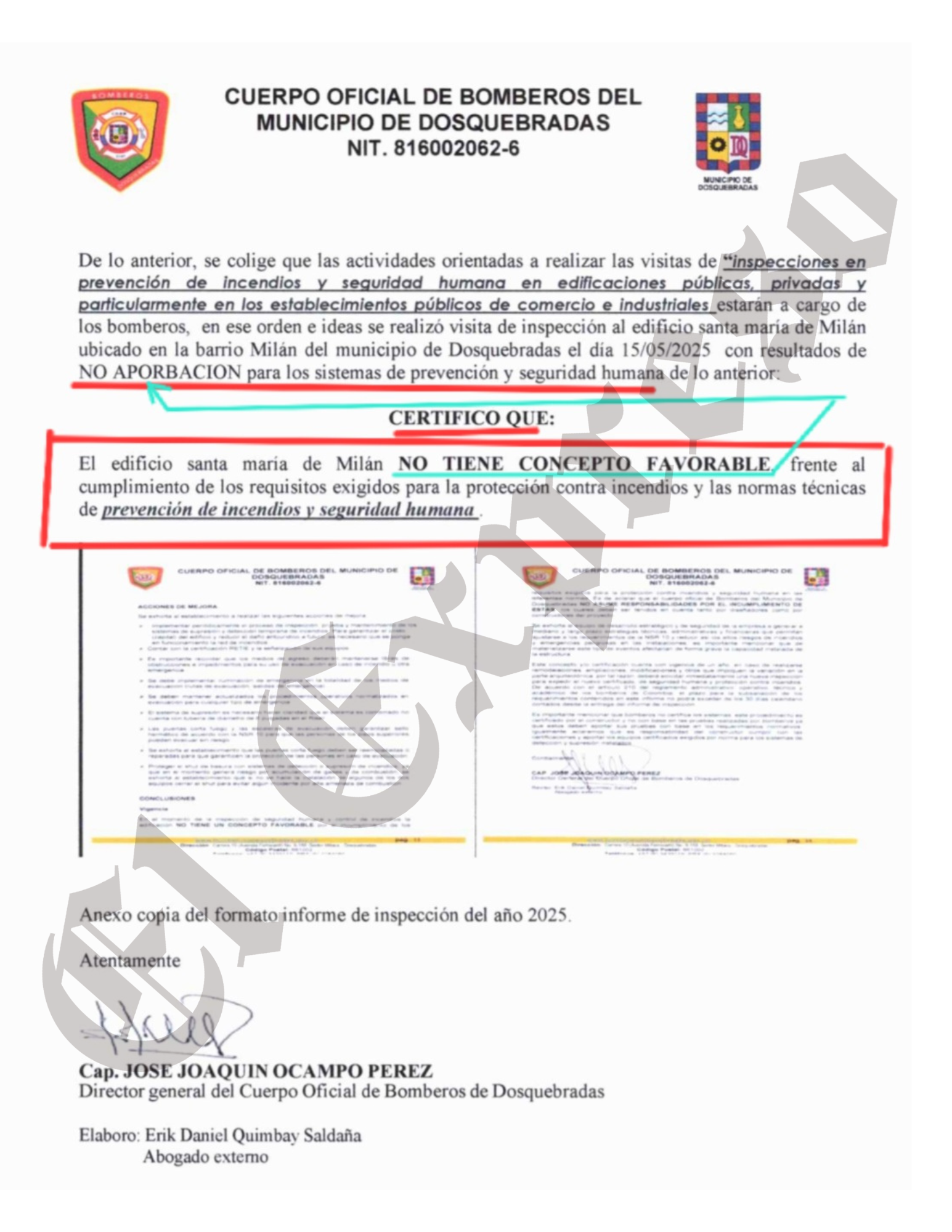 ¡Irresponsables! Bomberos certificaron que edificio Santa María de Milán en Dosquebradas no cumple los requisitos para la protección contra incendio, y la alcaldía permitió su habitabilidad 7 irresponsables bomberos certificaron que edificio santa maria de milan en dosquebradas no cumple los requisitos para la proteccion contra incendio y la alcaldia permitio su habitabilidad marca de agua