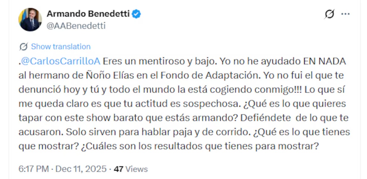 Se profundiza la disputa interna: Benedetti y Carrillo cruzan señalamientos por el Fondo de Adaptación 2 benedetix