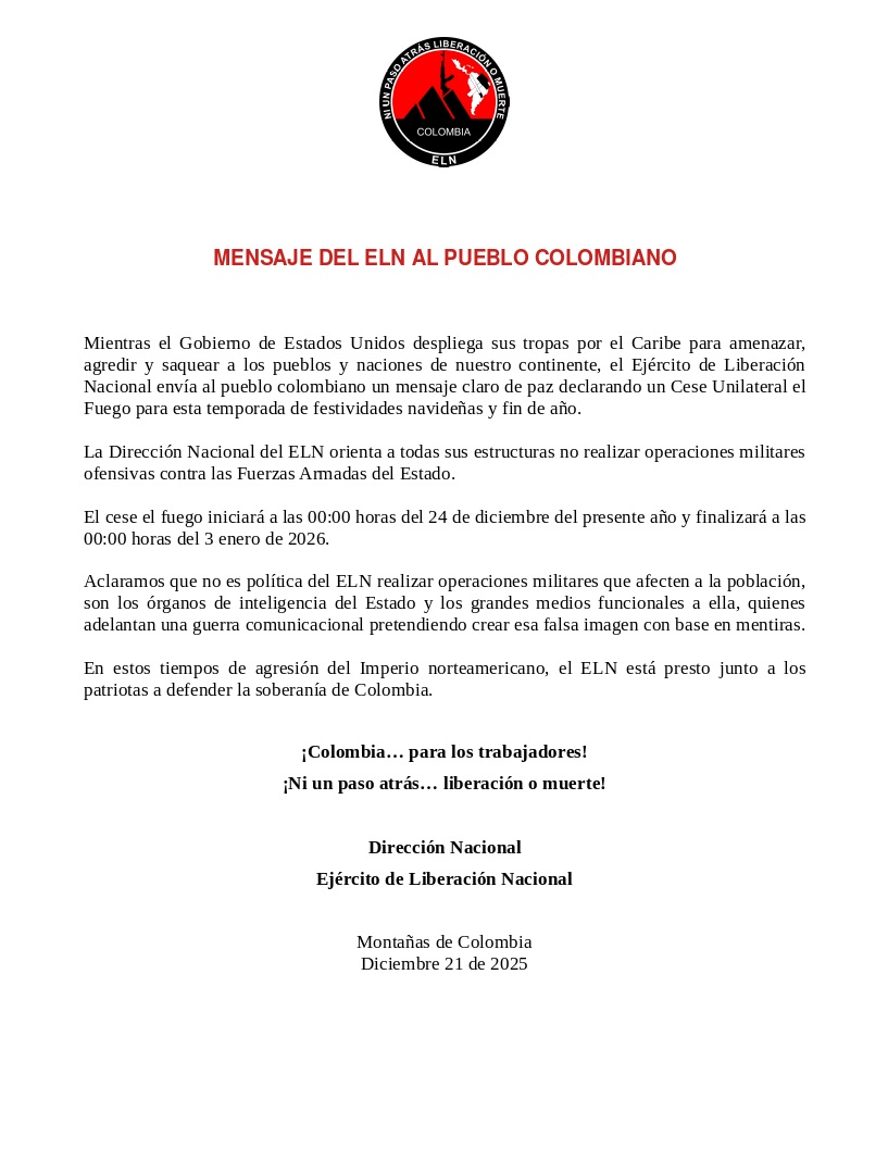 cese al fuego eln y disidencias de las farc anuncian tregua temporal durante fin de ano comunicado eln