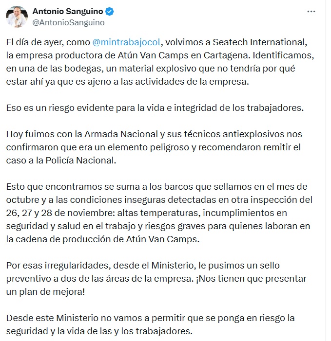 MinTrabajo denuncia hallazgo de material explosivo en bodega de Atún Van Camps 2 mintrabajo denuncia hallazgo de material explosivo en bodega de atun van camps declaracionmintrabajo