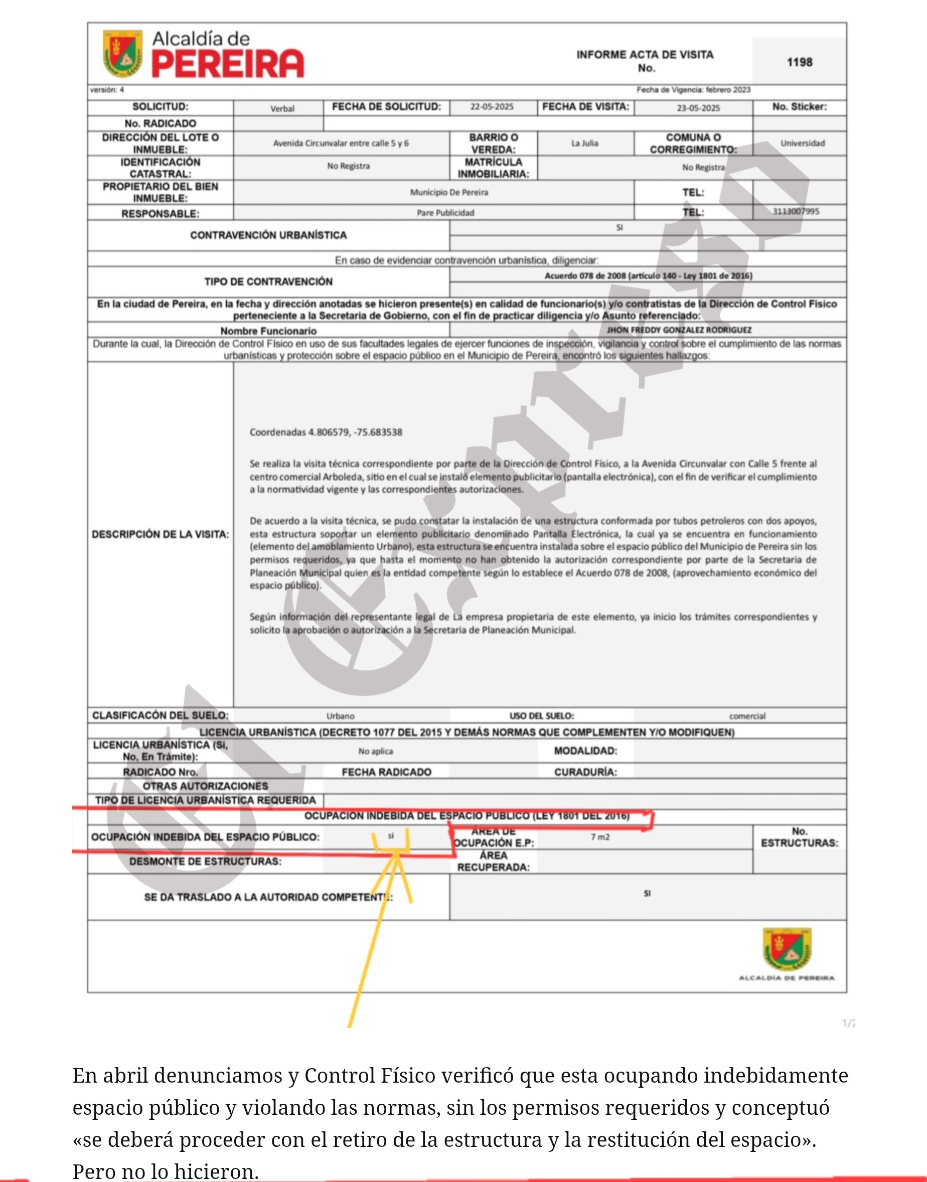 Pare debe desmontar pantalla ilegal que instaló frente al Arboled 2 pare debe desmontar pantalla ilegal que instalo frente al arboled imagen 1