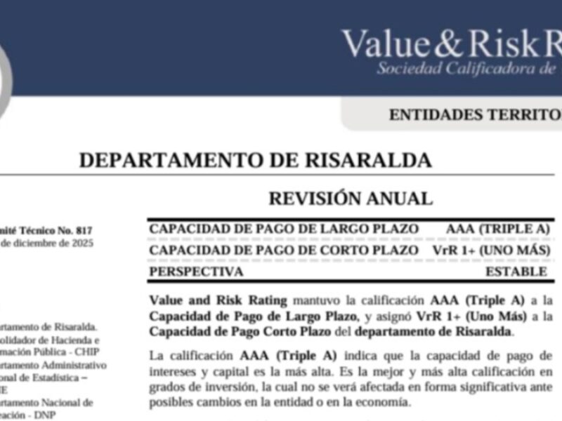 Una vez más Risaralda es Triple AAA en el manejo de sus finanzas