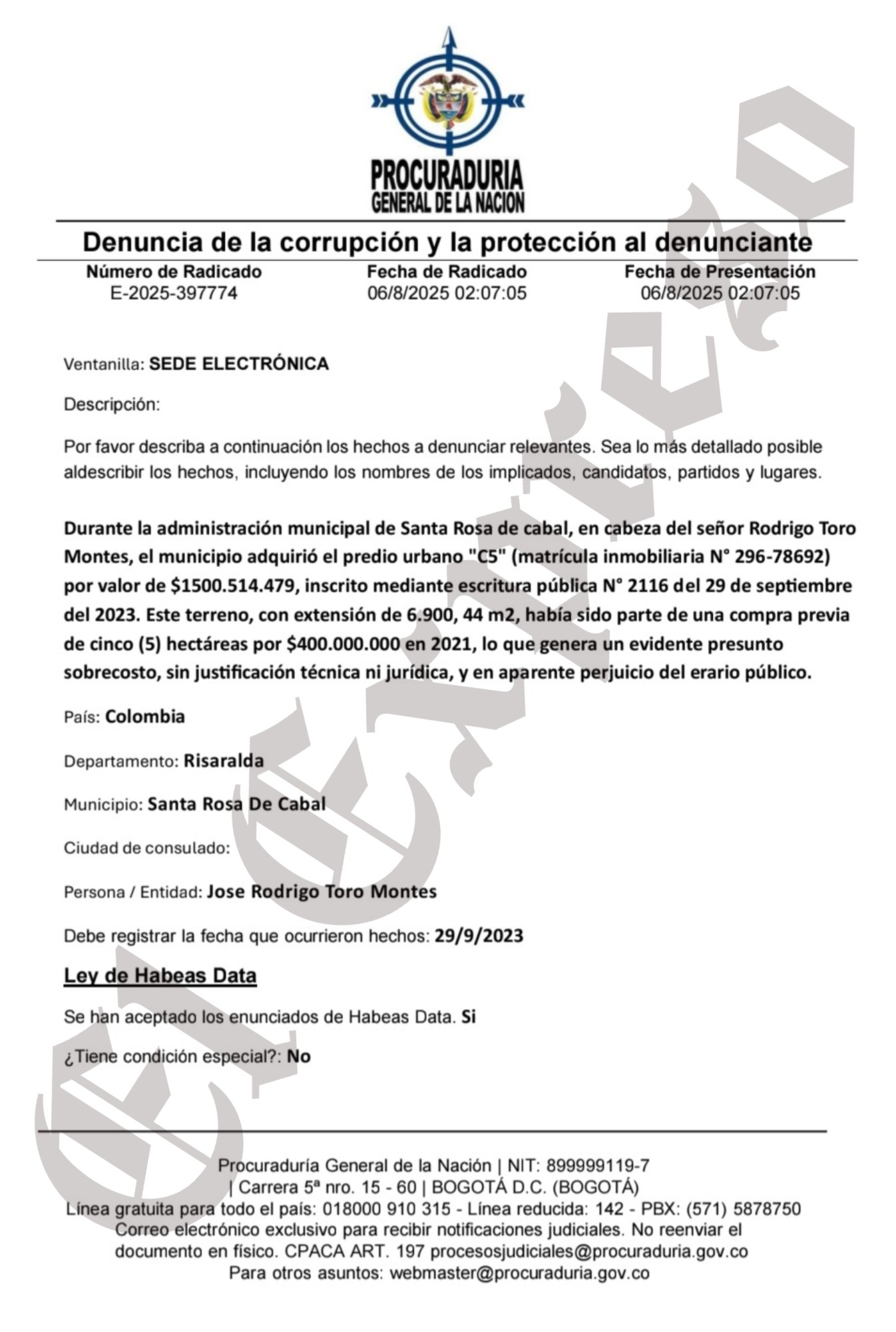 ¿Se complica la campaña de Rodrigo Toro por denuncia en la Procuraduría? 2 imagen 3 imagen 3 2