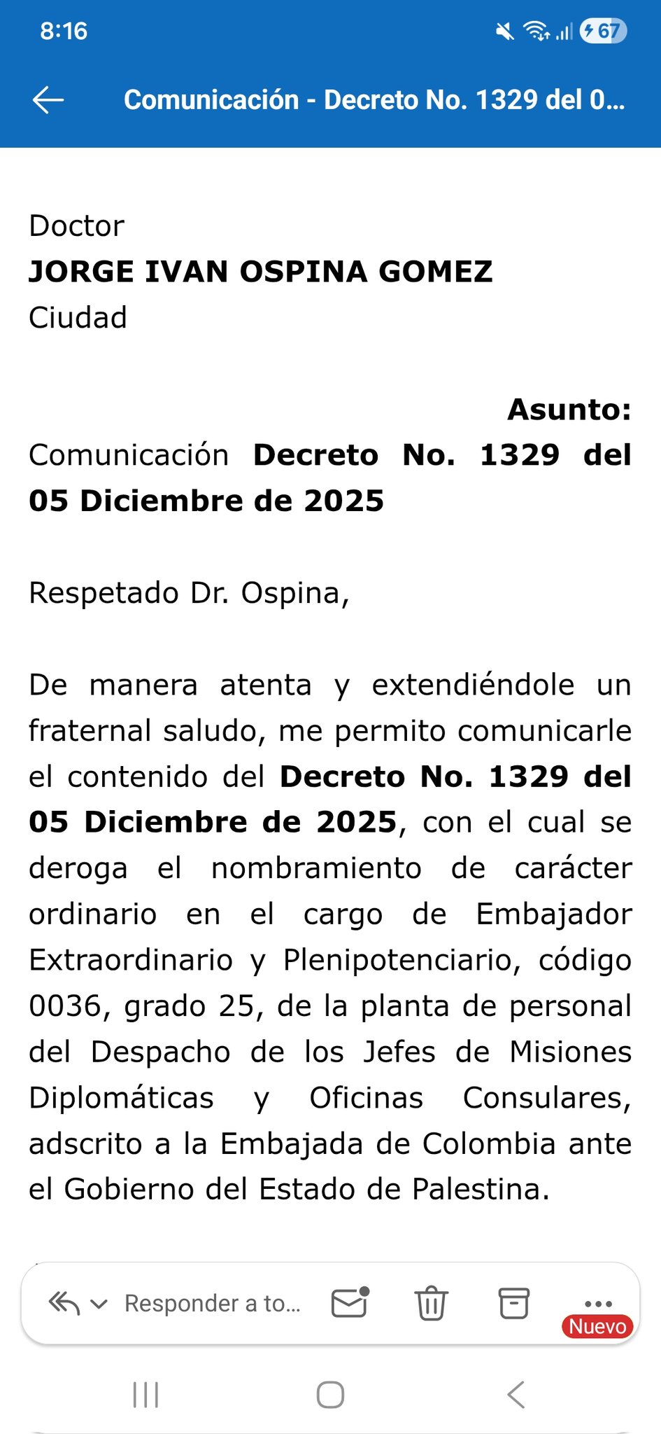 Jorge Iván Ospina devolvió más de $145 millones por su fallido nombramiento diplomático 5 ji prueba ji prueba