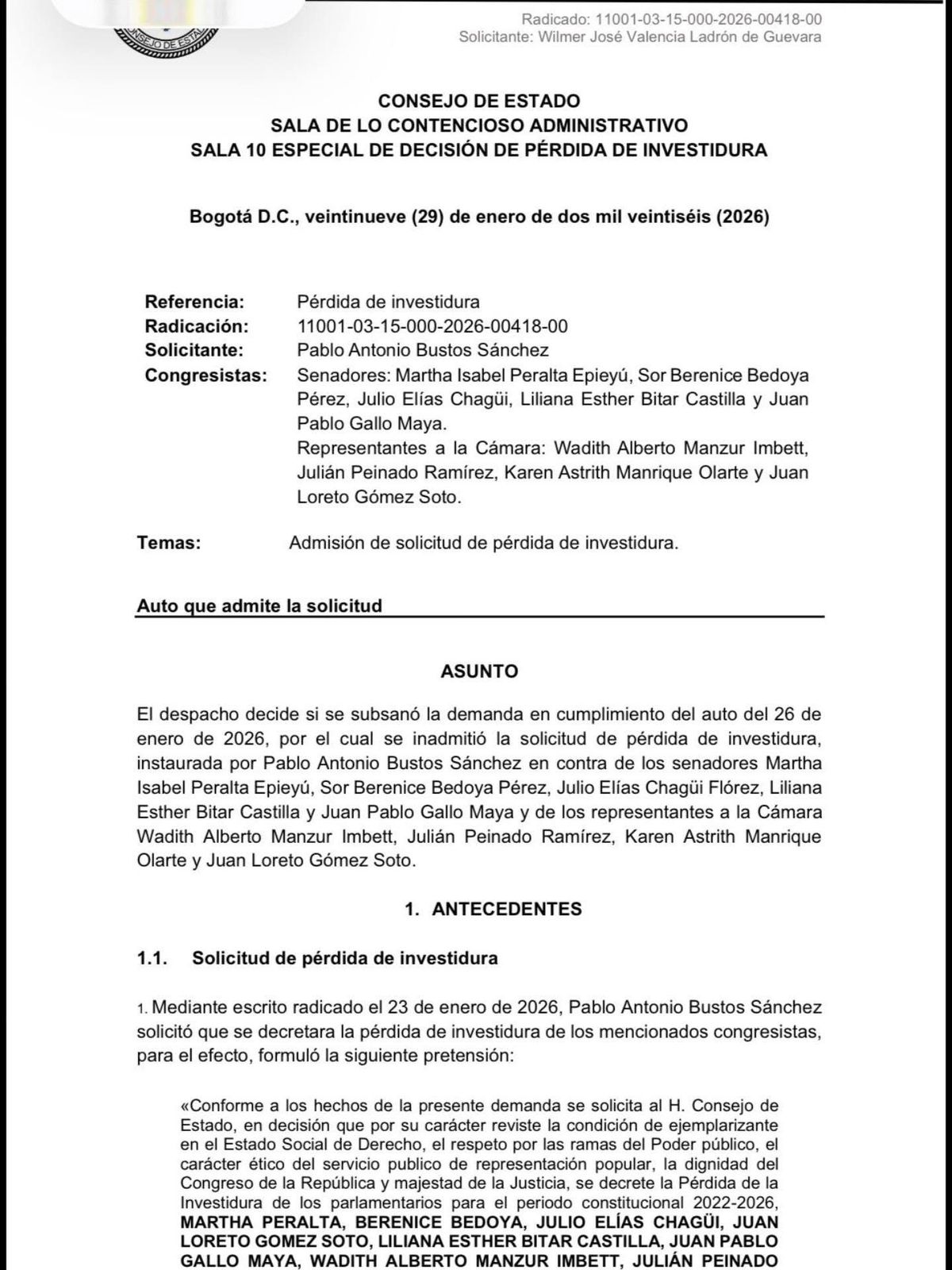 admitida la demanda de perdida de investidura para senador juan pablo gallo y otros congresistas consejo de estado admision demanda