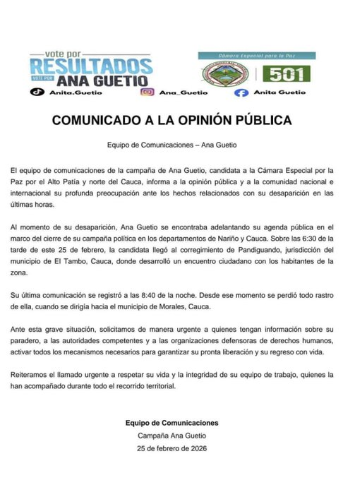 Denuncian desaparición de Ana Guetio, candidata a la Cámara Especial por la Paz en Cauca 2 denuncian desaparicion de ana guetio candidata a la camara especial por la paz en cauca image