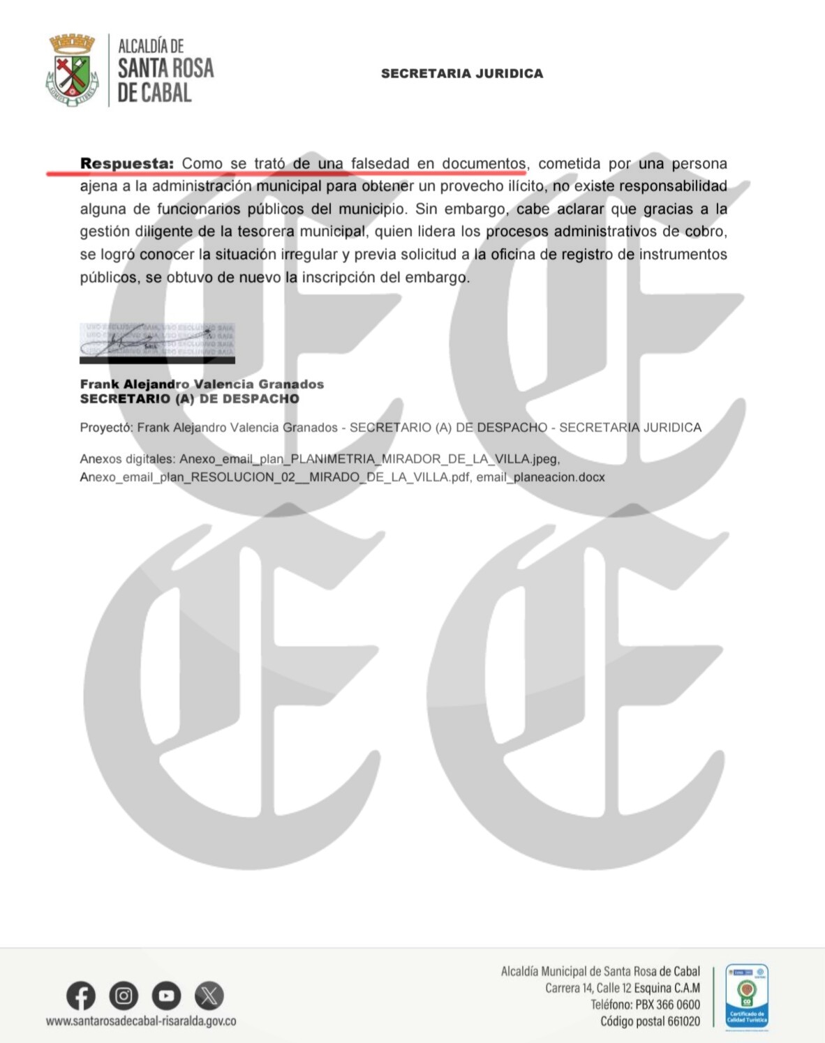 El caso del embargo levantado con firmas falsas en Santa Rosa de Cabal, la cronología que expone, y la incompetencia del proceso de tutela 16 el caso del embargo levantado con firmas falsas en santa rosa de cabal la cronologia que expone y la incompetencia del proceso de tutela f9