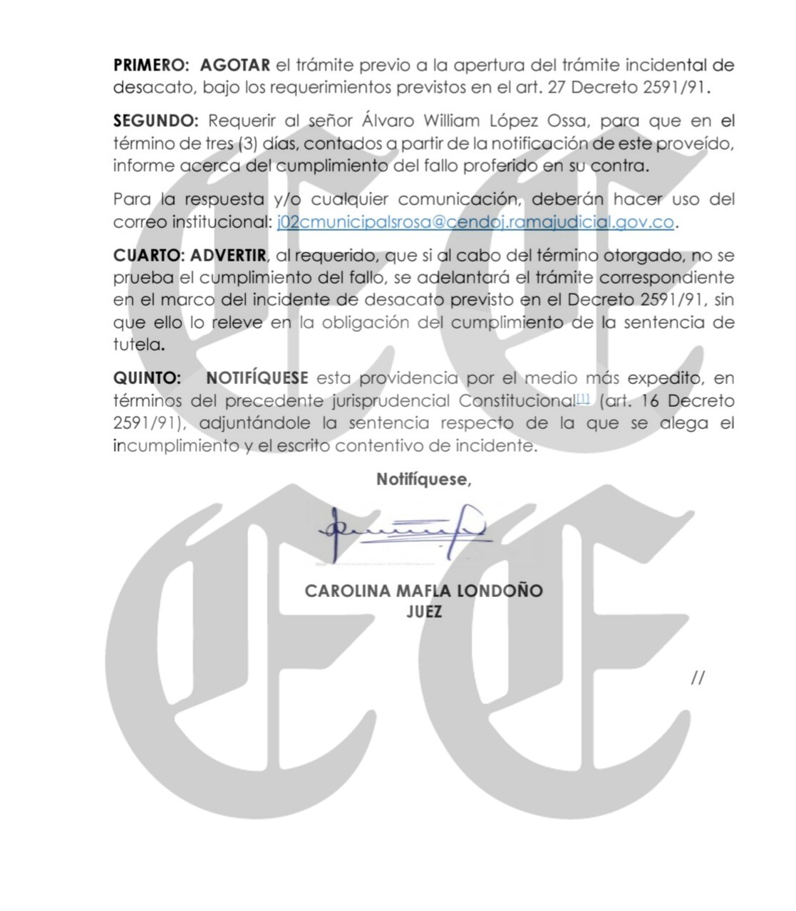 En cumplimiento de la Sentencia No. 0001 del 27 de enero de 2026 4 en cumplimiento de la sentencia no 0001 del 27 de enero de 2026 c