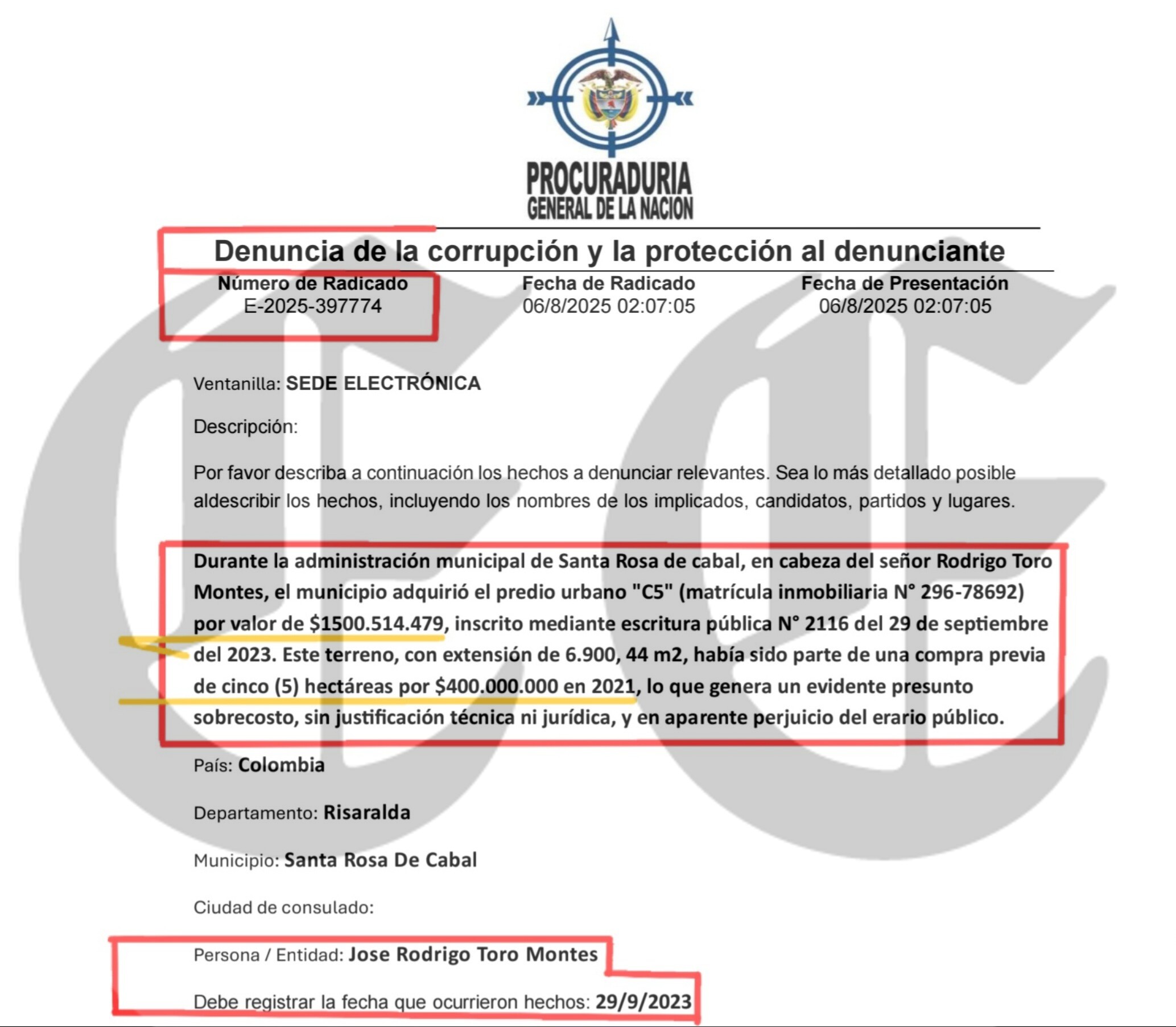 Fiscalía investiga lote que Toro compró en $1.500 millones y que salió de otro comprado en $568 millones, Juez le tumba tutela y valida nuestra investigación 19 fiscalia investiga lote que toro compro en 1 500 millones y que salio de otro comprado en 568 juez le tumba tutela y valida nuestra investigacion p2