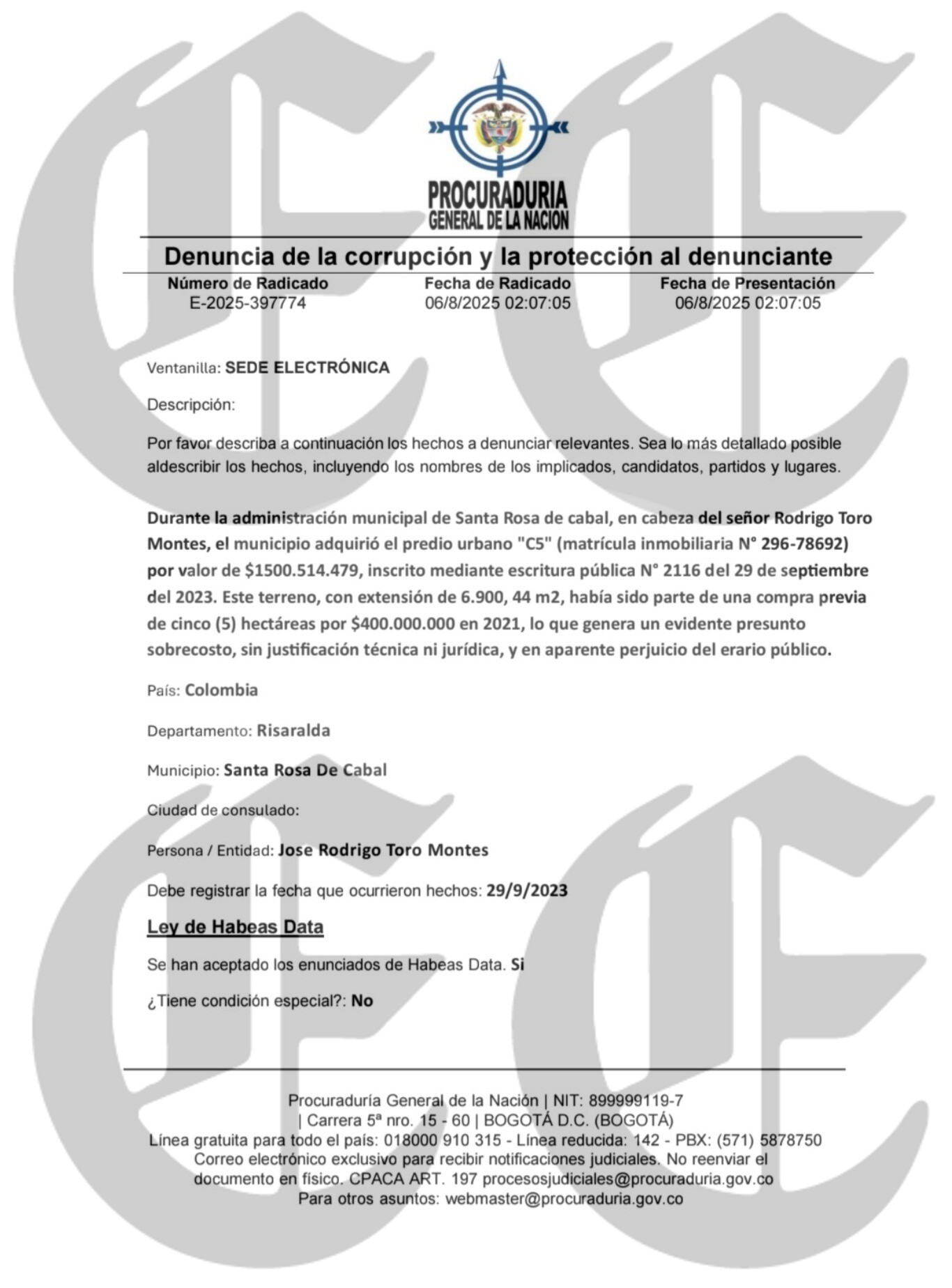 Fiscalía investiga lote que Toro compró en $1.500 millones y que salió de otro comprado en $568 millones, Juez le tumba tutela y valida nuestra investigación 20 fiscalia investiga lote que toro compro en 1 500 millones y que salio de otro comprado en 568 juez le tumba tutela y valida nuestra investigacion p3