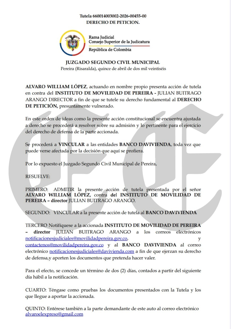 davivienda y su negocio con transito en la alcaldia de juan pablo gallo t