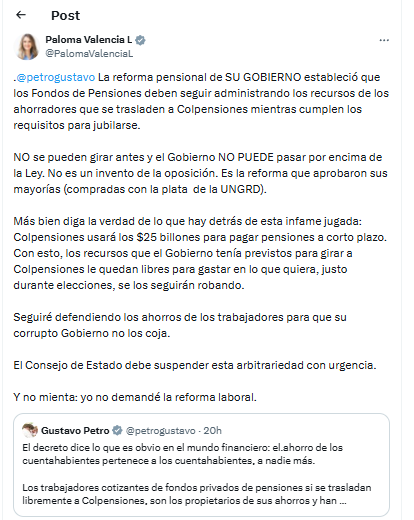 gustavo petro cuestiona a paloma valencia por presunto conflicto de intereses en colpensiones image