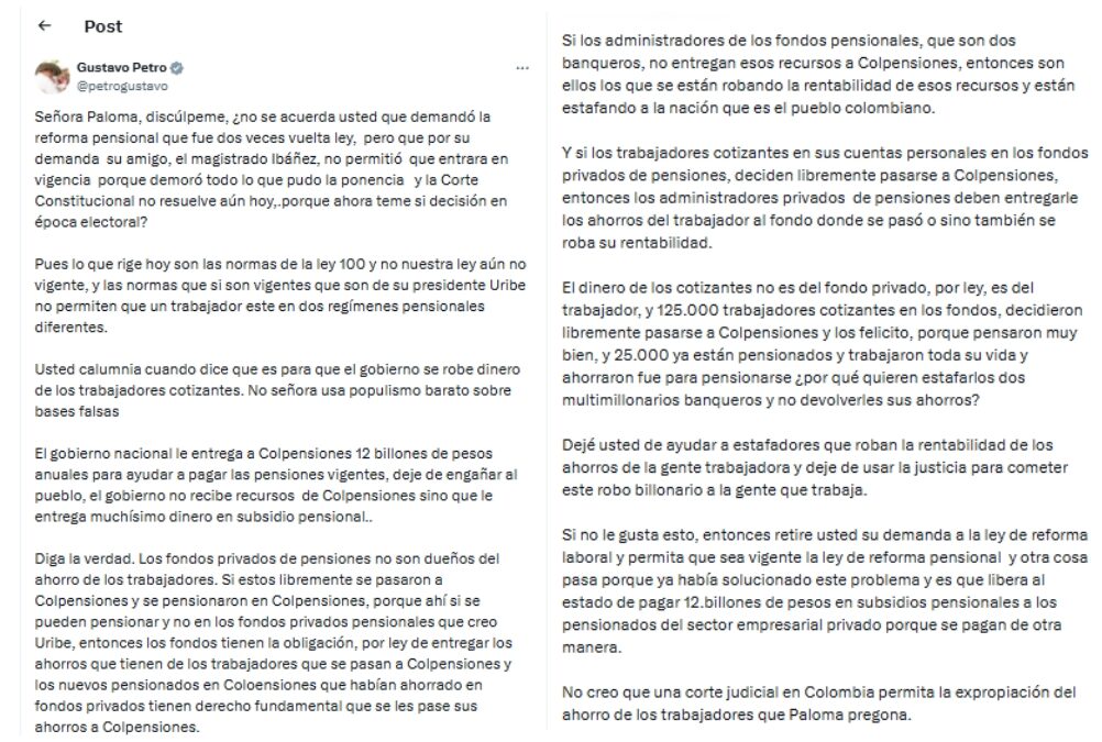 gustavo petro cuestiona a paloma valencia por presunto conflicto de intereses en colpensiones petro a paloma valencia trino e1777044531898