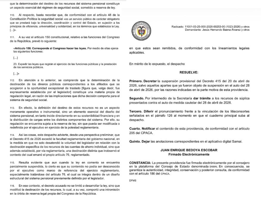 consejo de estado tumba decreto del gobierno para trasladar ahorros pensionales privados a colpensiones consejo de estado tumba decreto 2 e1778618405116