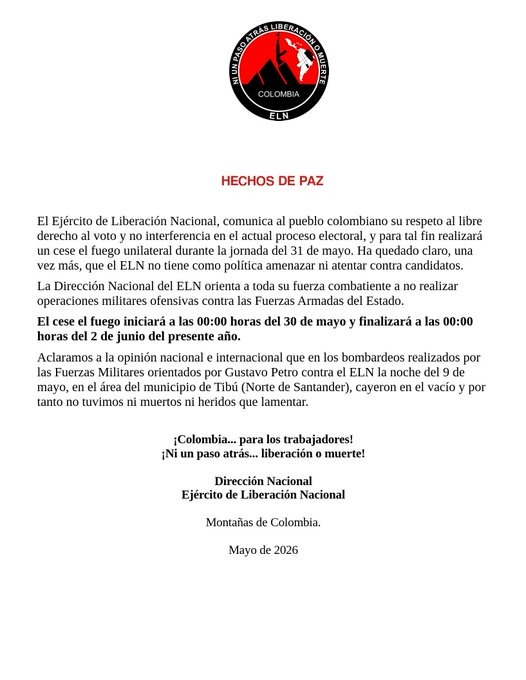 eln anuncia cese al fuego unilateral por elecciones presidenciales en colombia image