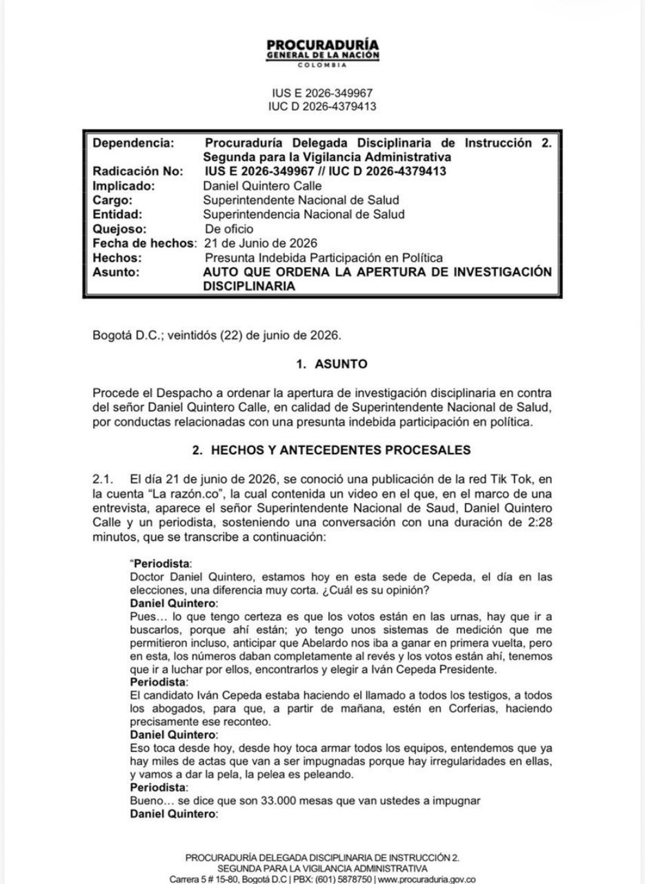 procuraduria abre investigacion formal a daniel quintero por presunta indebida participacion en politica 1000060204