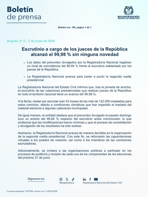 registraduria nacional confirma un 9994 de coincidencia entre el preconteo y el escrutinio de las elecciones presidenciales image