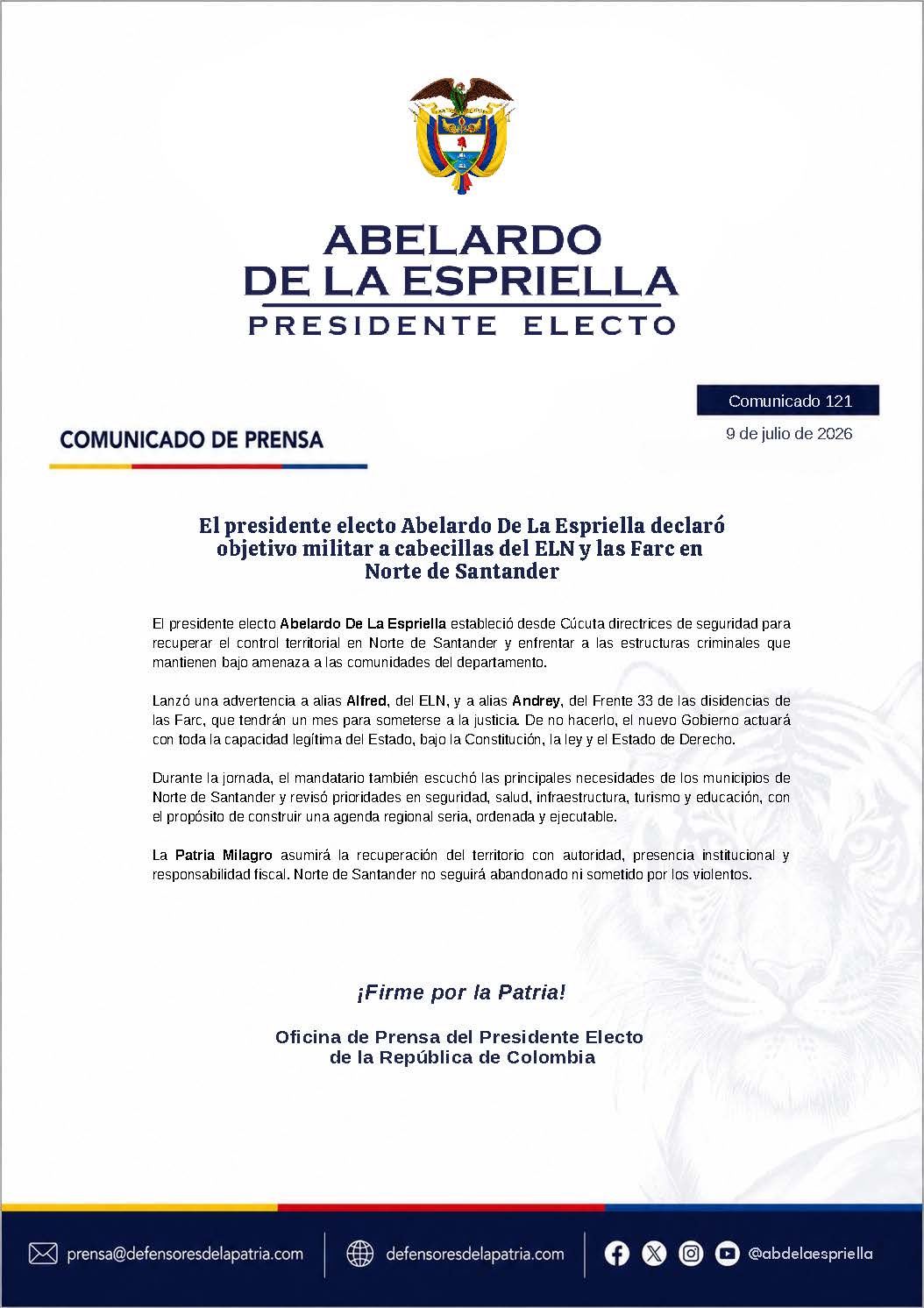 abelardo de la espriella declara objetivos militares a los principales jefes guerrilleros del catatumbo comunicado no. 121 presidente electo abelardo de la espriella