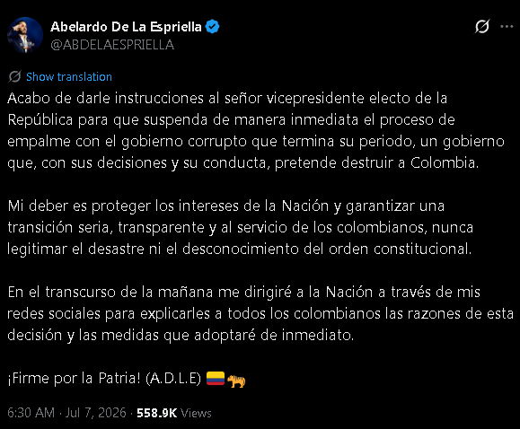 abelardo de la espriella ordena suspender de inmediato el empalme con el gobierno de gustavo petro captura de pantalla 2026 07 07 085007