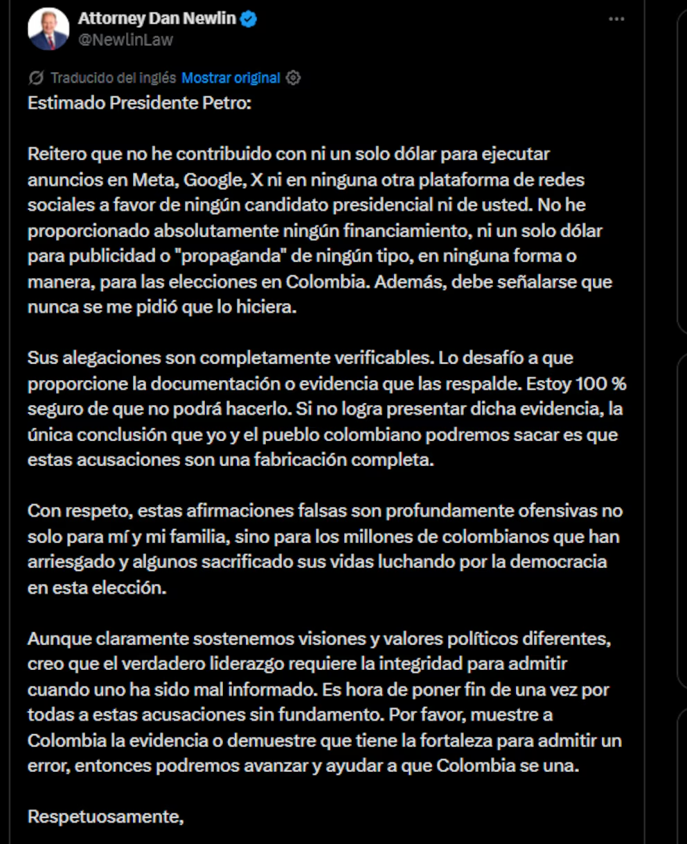Newlin desmiente a Petro y le exige retractarse por acusaciones de financiación ilegal 4 newlin desmiente a petro y le exige retractarse por acusaciones de financiacion ilegal image 2