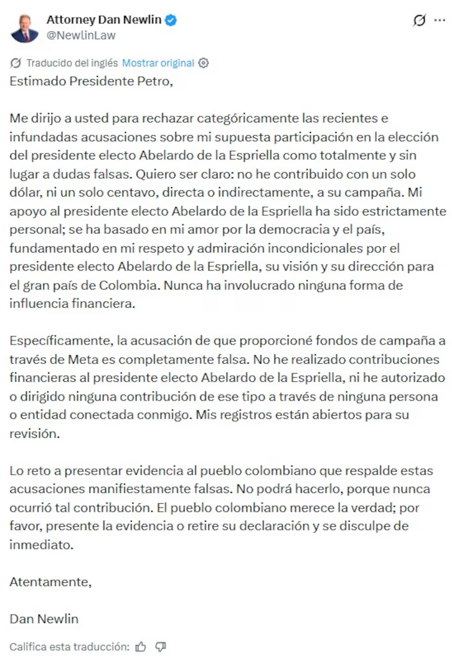 Newlin desmiente a Petro y le exige retractarse por acusaciones de financiación ilegal 2 newlin desmiente a petro y le exige retractarse por acusaciones de financiacion ilegal image edited newlin desmiente a petro y le exige retractarse por acusaciones de financiacion ilegal image edited