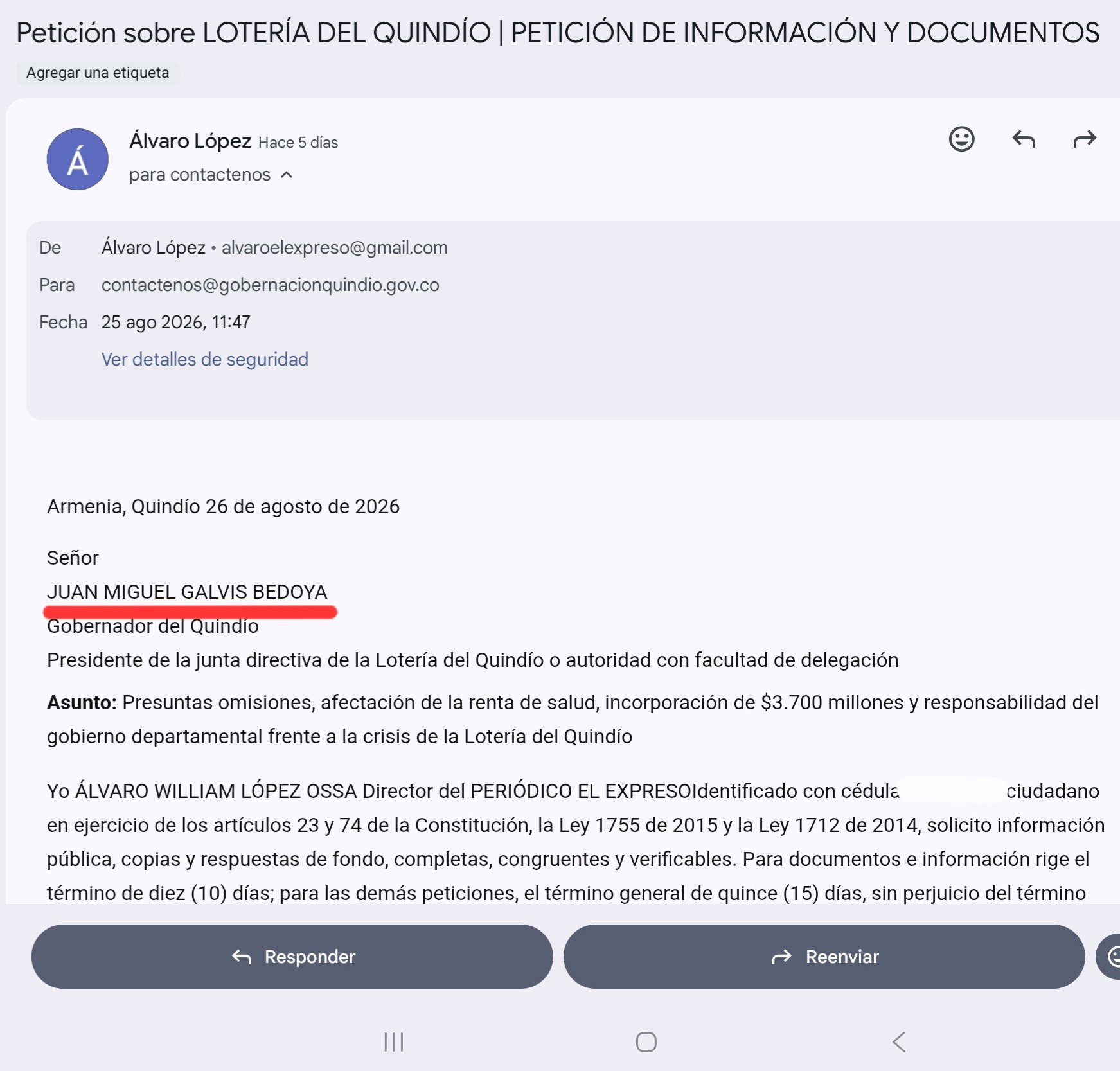 el chance se gano la loteria del quindio y el gobernador miguel guarda silencio peticion
