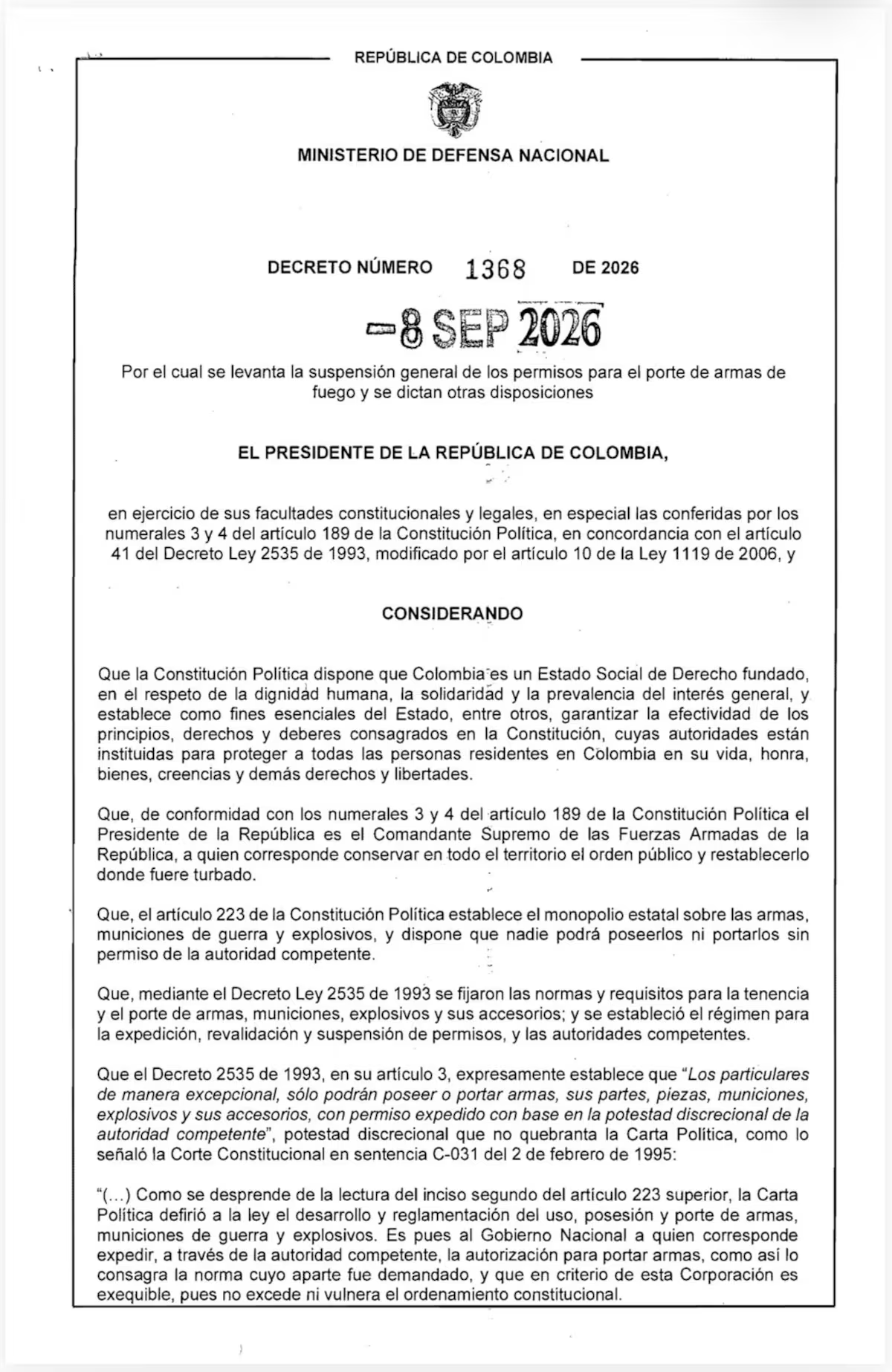 De La Espriella levanta la suspensión general del porte de armas de fuego en Colombia tras el Decreto 1368 de 2026 2 de la espriella levanta la suspension general del porte de armas de fuego en colombia tras el decreto 1368 de 2026 image