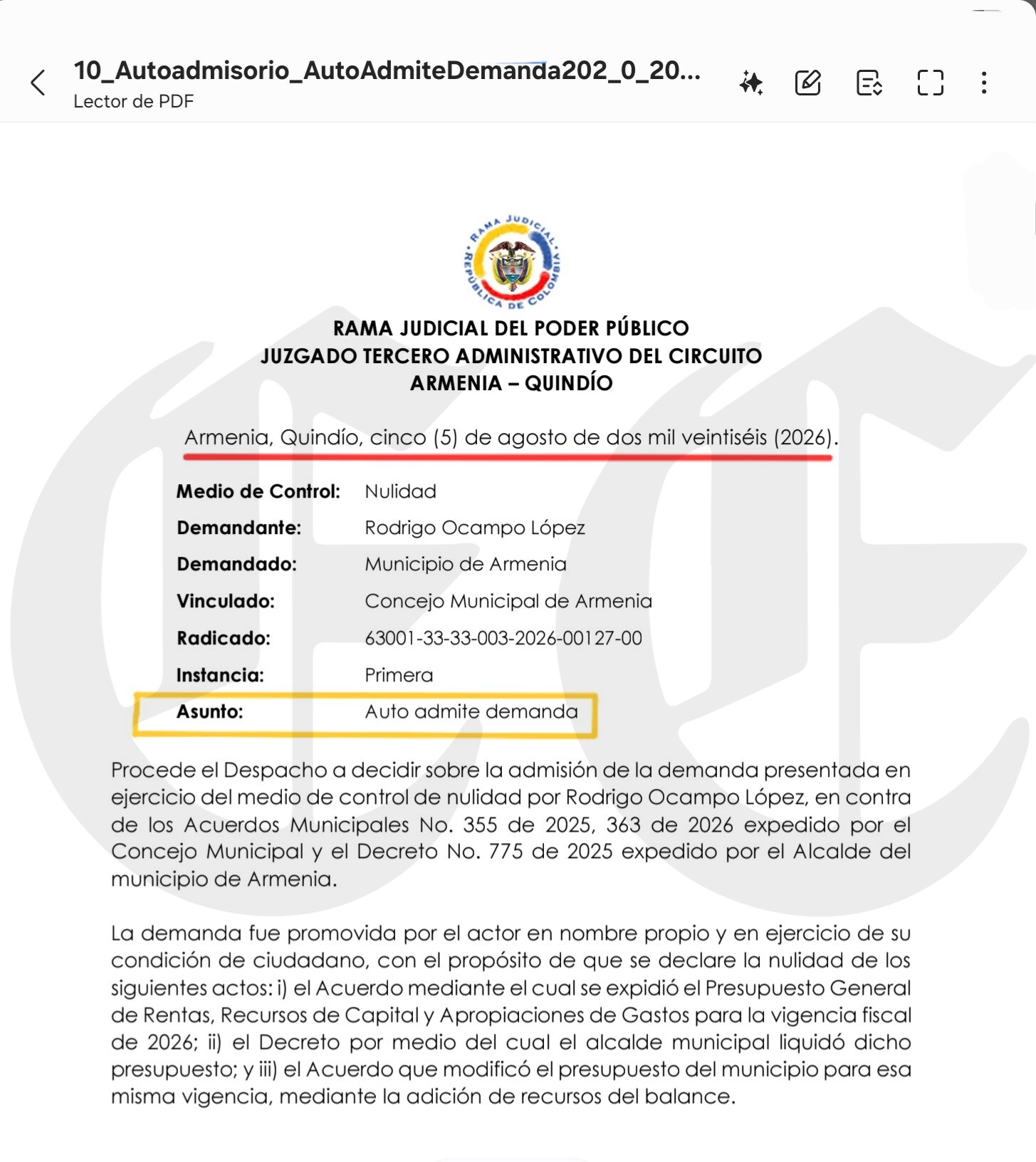 en riesgo endeudamiento de 100 000 millones de armenia juez admite demanda por presunta omision de un deficit de 14 792 millones 1 1