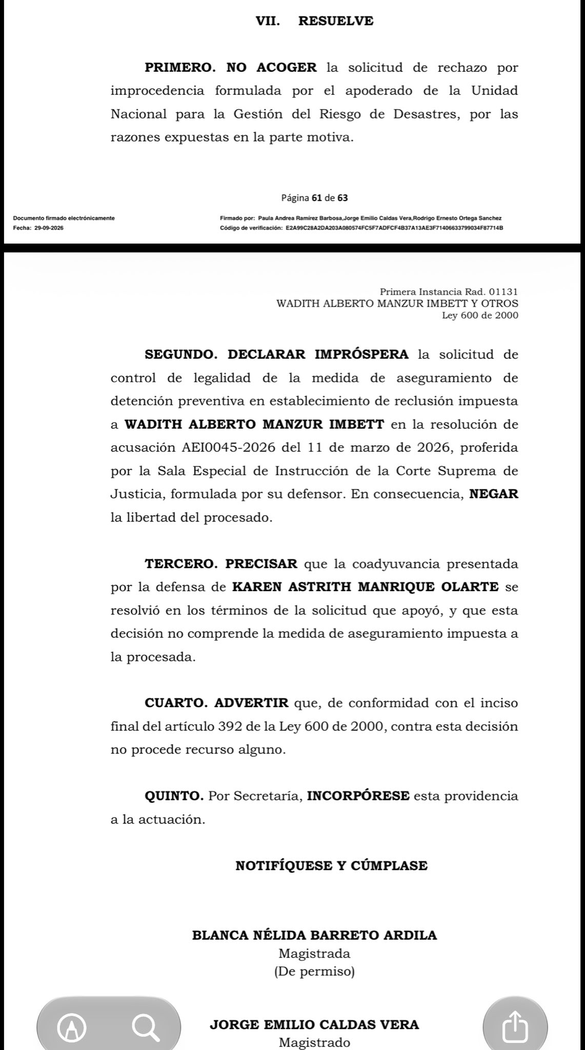 wadith manzur pidio libertad y corte suprema se la niega