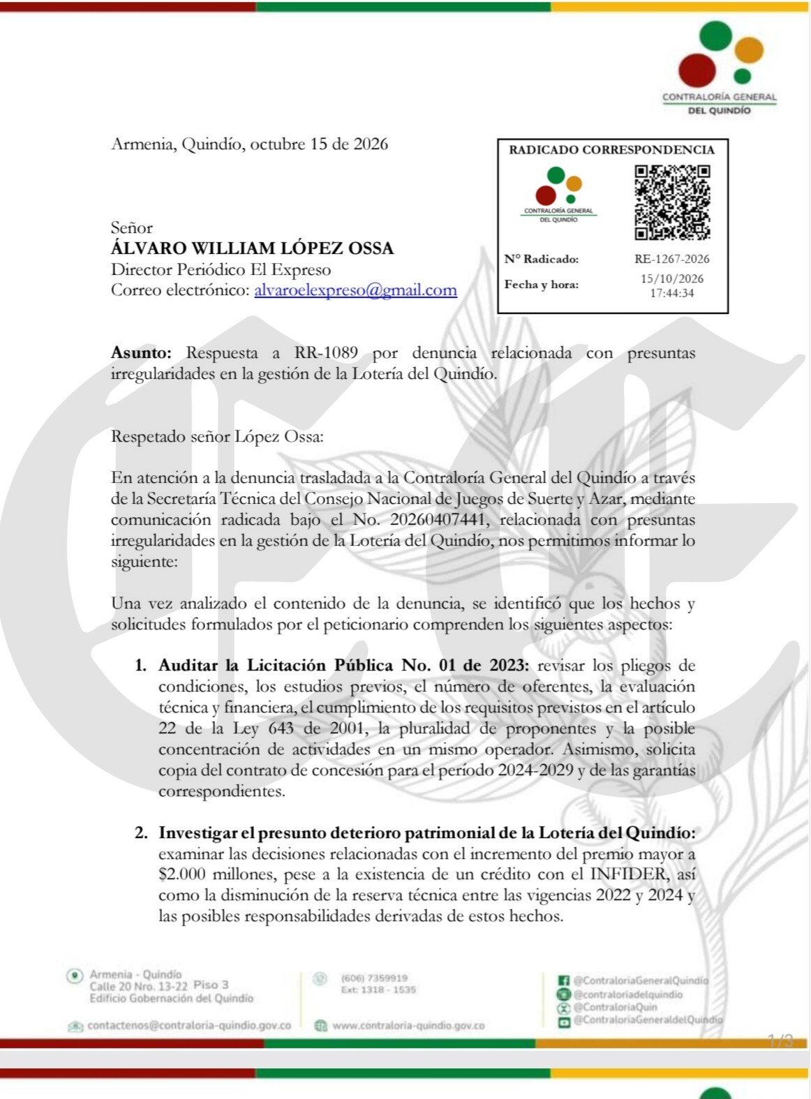 primicia fiscalia contraloria y procuraduria investigan funcionarios de gobernacion y loteria del quindio p1